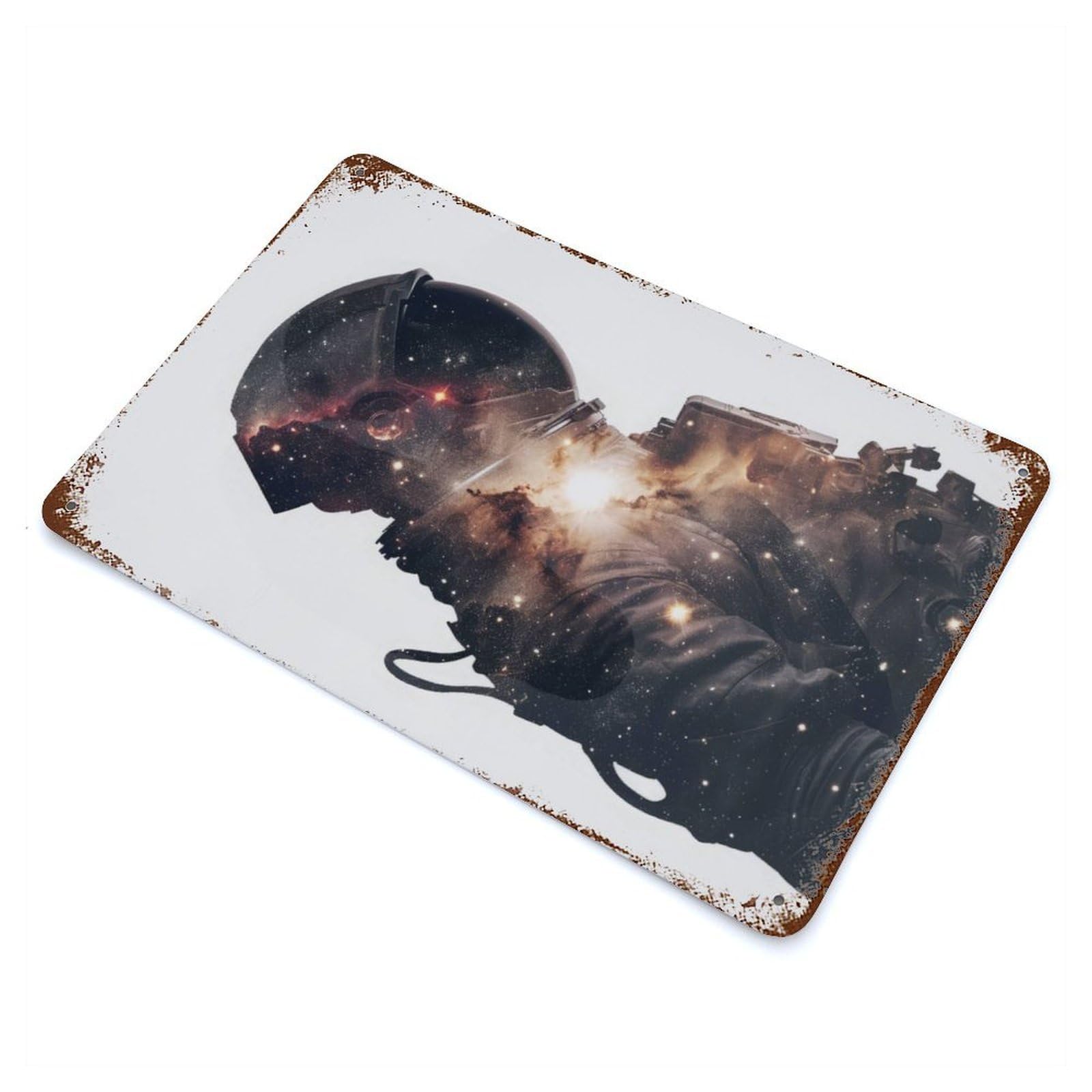 Weathered Tin Sign with Astronaut Silhouette Design 11.8"x7.9", for Basement, Hobby Room And Garage Decor, Industrial Home Decor