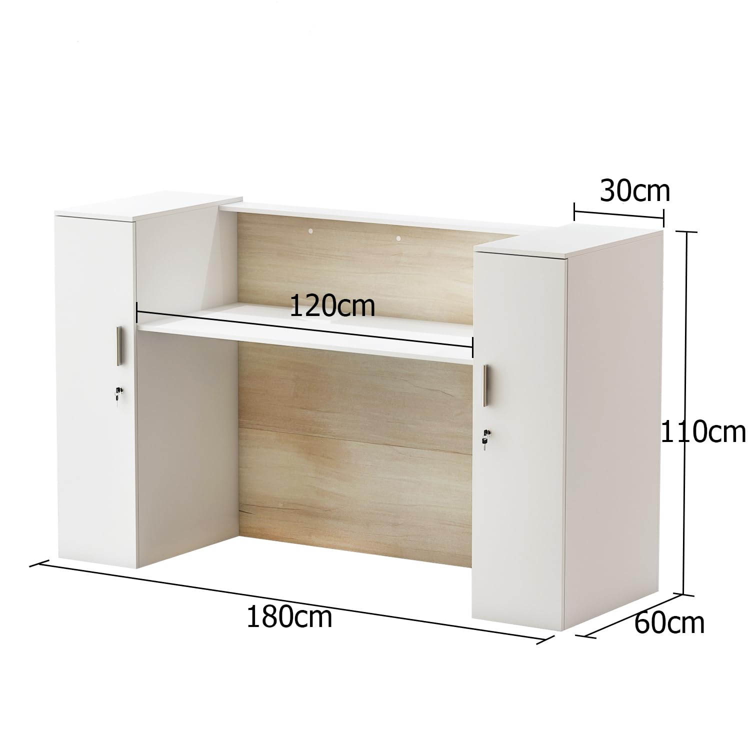 Banco reception, banconi per reception grandi, reception tavolo bancone con ripiani regolabili, banco reception ufficio bancone, colore legno e bianco, 180 X 60 X 110 cm, MDF