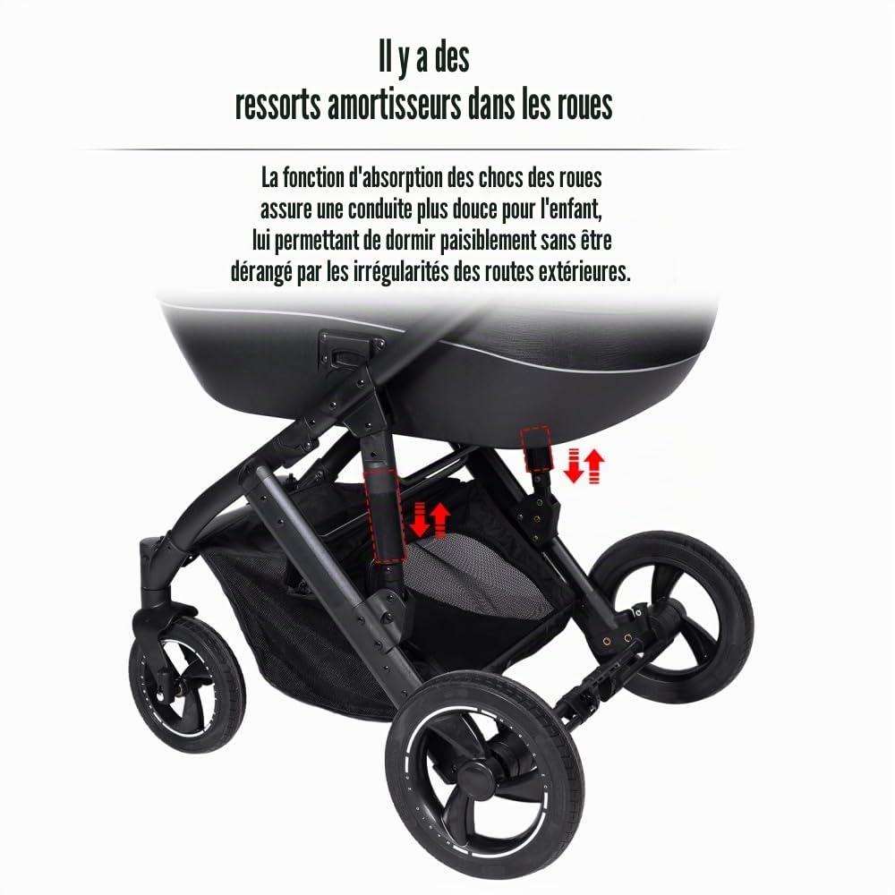Poussette 4 en 1 avec poignée réglable et châssis aluminium,Noir | Rembourrage épais intégral, hauteur de la poignée modulable selon votre taille