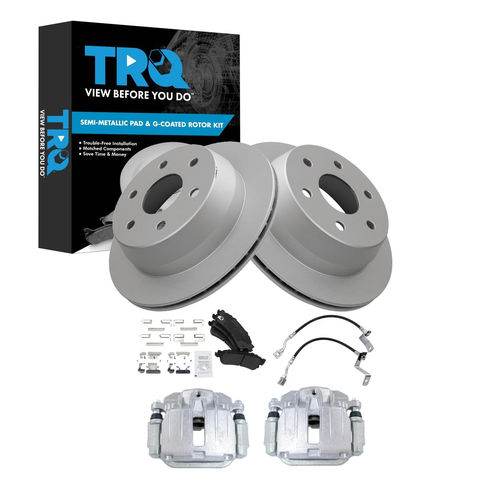 TRQ Rear Brake Pad and Rotor Set Semi Metallic Coated Rotors Calipers Compatible with 2001 Chevrolet Silverado 1500 Sierra 1500
