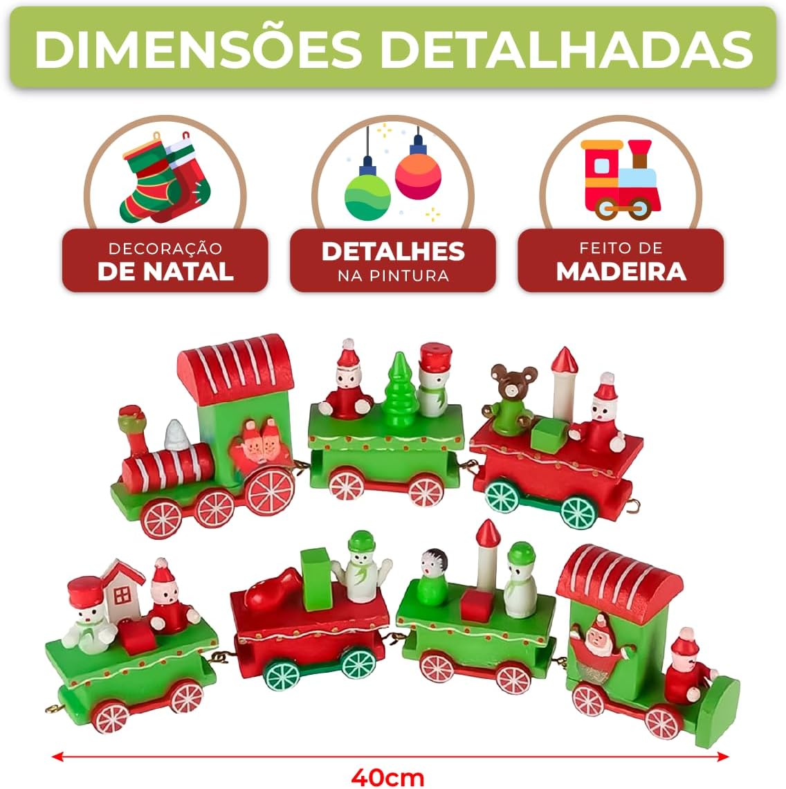 Trenzinho 40cm Madeira Natal Enfeite Decoração Estante Mesa Luxo