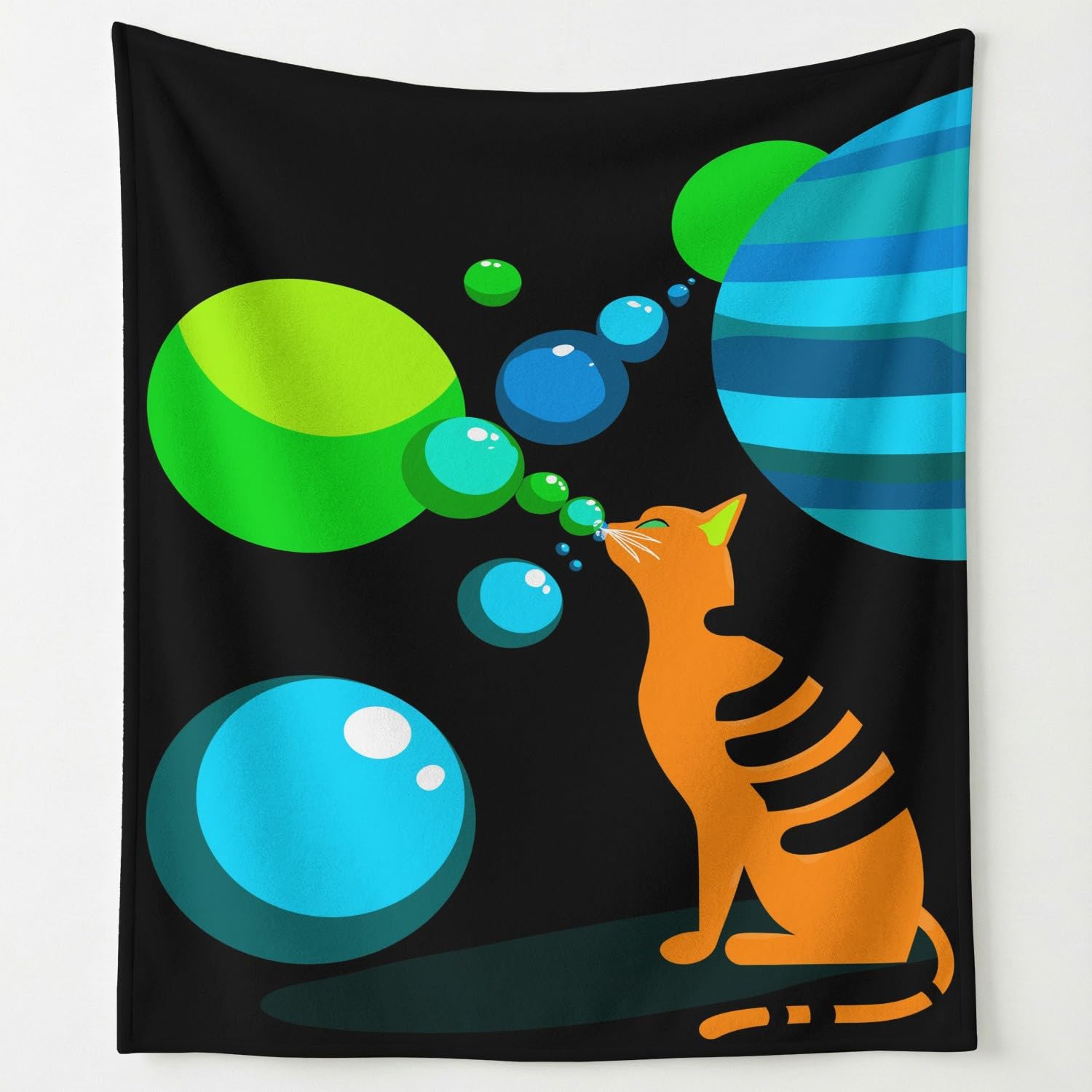 Coperta di cartone animato fantascienza gatto pianeti universo bolle al neon surrealistiche per donna uomo, coperta in peluche super morbida in flanella, decorazione per la cameretta dei bambini, 180