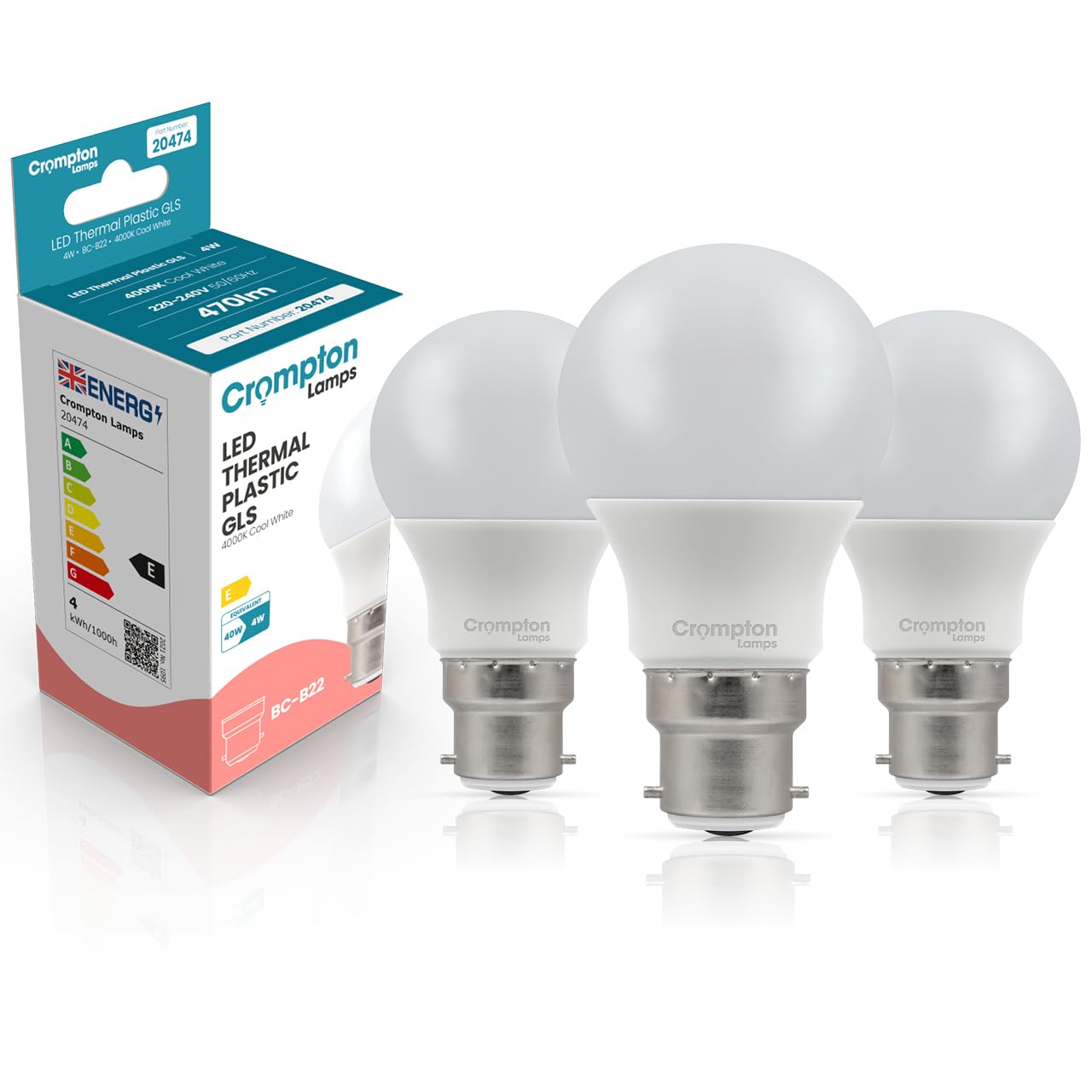 Crompton Lamps GLS LED B22 Bulb | 4W = 40W Equivalent | Cool White 4000K | Energy Efficient | Bayonet Lightbulb | Long Life 15,000-Hrs | Bulbs for Lamps | 3-Pack