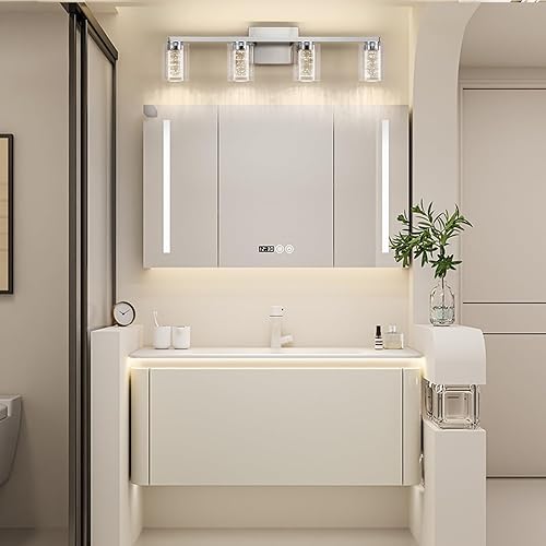 Miniatura 7 de Lámparas de baño, 4 luces de tocador de baño de níquel cepillado, luces LED regulables sobre el espejo, modernas luces de tocador de cristal para