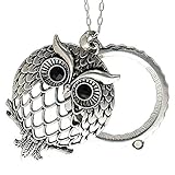 Antiqued Silvertone Filigree Owl Flip Top Magnifying Glass Pendant Necklace