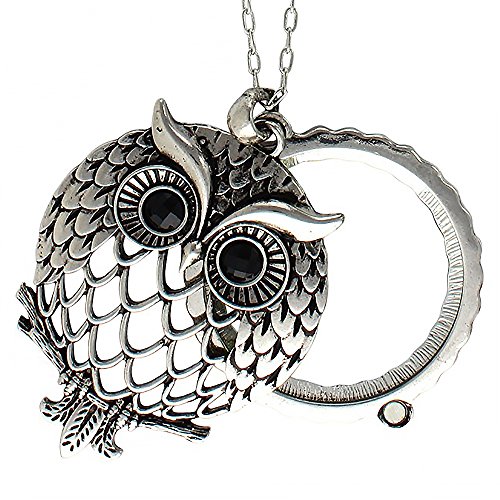 Antiqued Silvertone Filigree Owl Flip Top Magnifying Glass Pendant Necklace