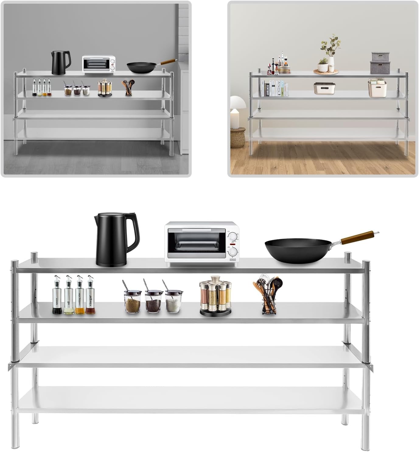 Stainless Steel Double Overshelf, 71''x12''x23'', Weight Capacity 88lbs, 2 Tier Heavy Duty Commercial Shelf with Anti-Slip Feet for Restaurant, Warehouse, Kitchen,