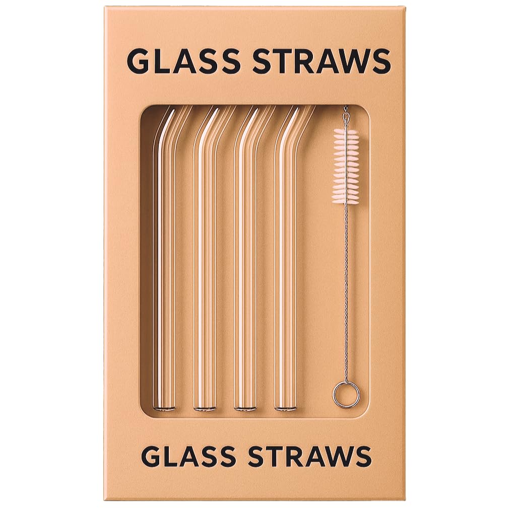 KiKiluxxa Transparent Drinking Straws – Pack of 4 with 1 Cleaning Brush – Reusable, Eco-Friendly, Durable, Easy to Clean, Perfect for Juice, Smoothies, Cocktails, Beverages (Crystal Clear Straw)
