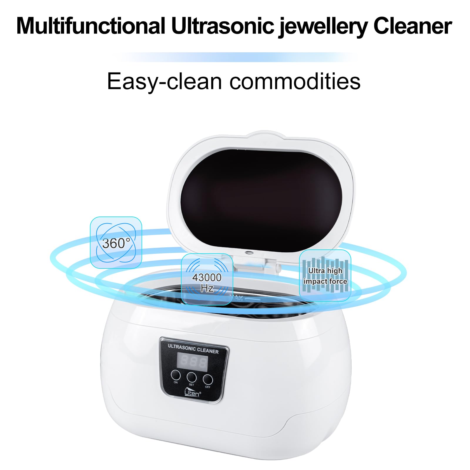 Uten - Limpiador ultrasónico de joyas, 600 ml, limpiador ultrasónico profesional, máquina limpiadora de bajo ruido, tanque de acero inoxidable y temporizador digital para gafas, anillos, monedas