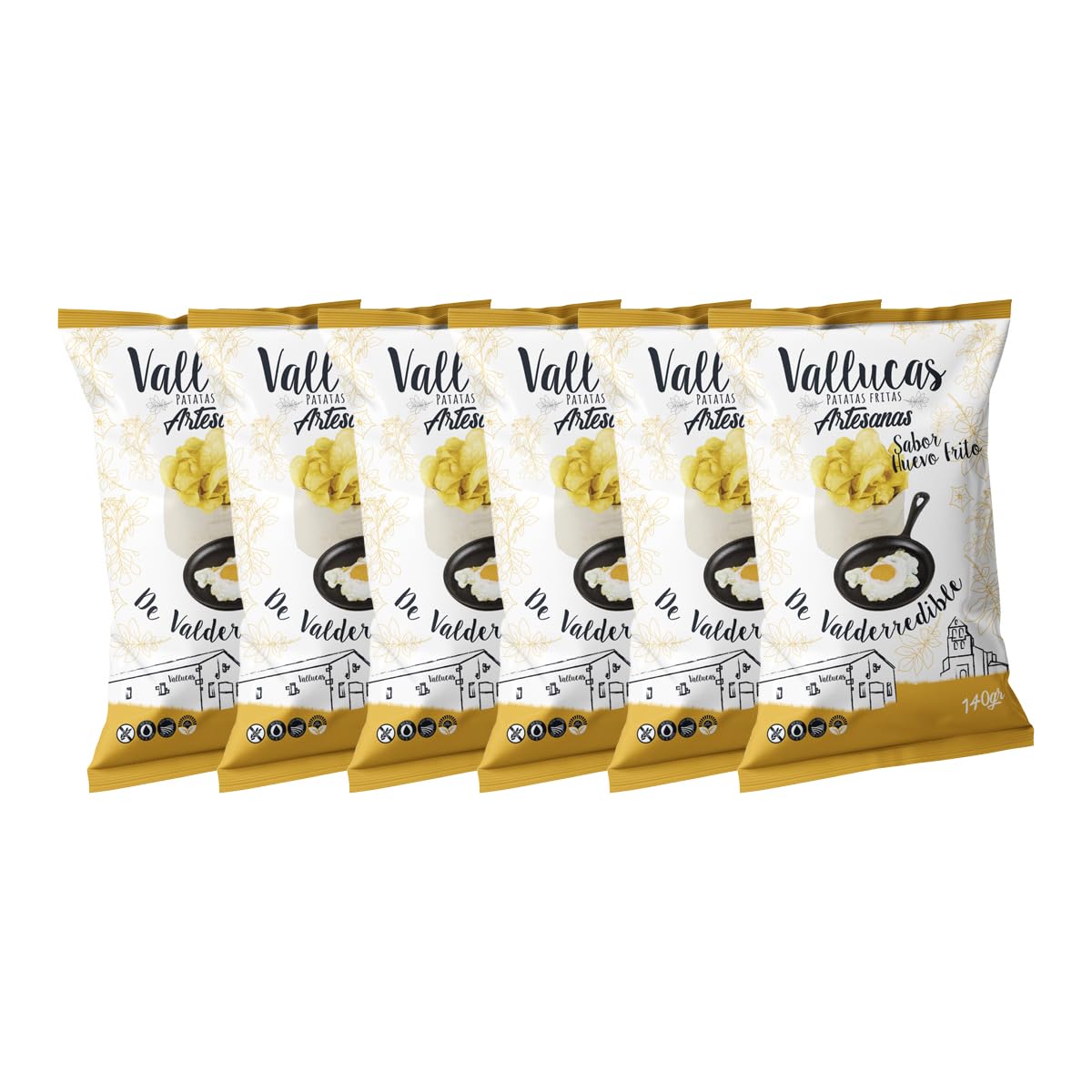 VALLUCAS Patatas Fritas Chip de Valderredible, Sabor Huevo Frito, Sin Gluten, PACK 6 bolsas de 140 g