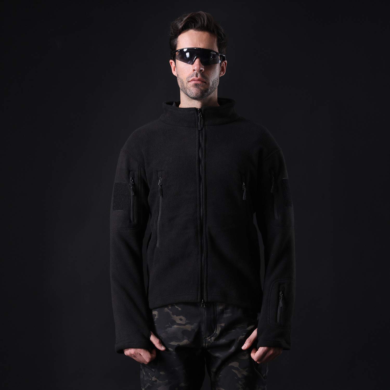 YuanDian męska kurtka polarowa, kurtka softshell, na jesień, zimę, stójka, wielofunkcyjna, wojskowa, wojskowa, trekkingowa, polowanie, wiatroszczelna, oddychająca, ciepła kurtka, czarny, 4XL