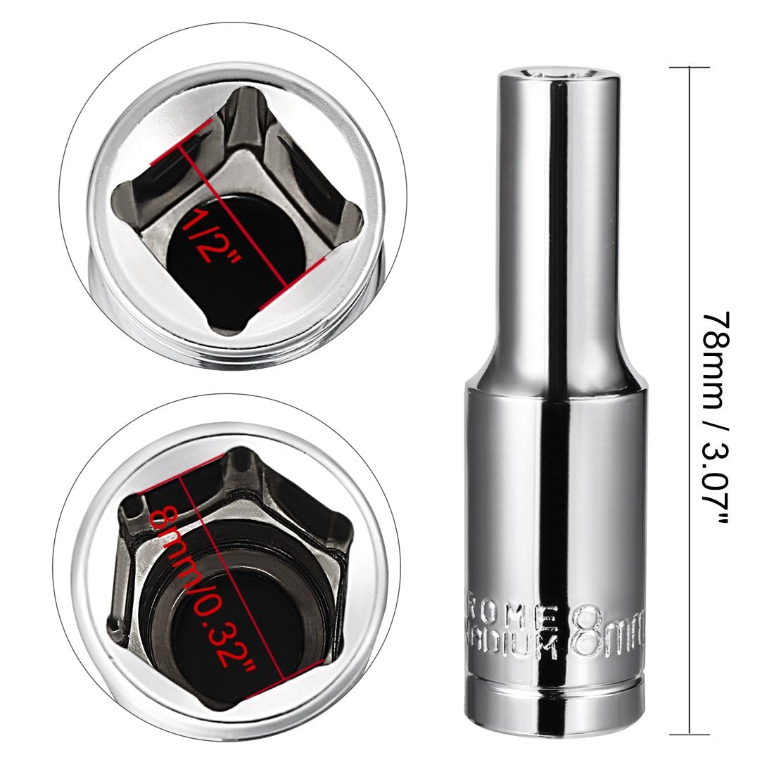 TA-VIGOR 1/2 Inch Drive 8mm 6-Point Deep Socket, Metric, Cr-V Drive Socket (Polishing) for Auto Repairing and Household - Image 2