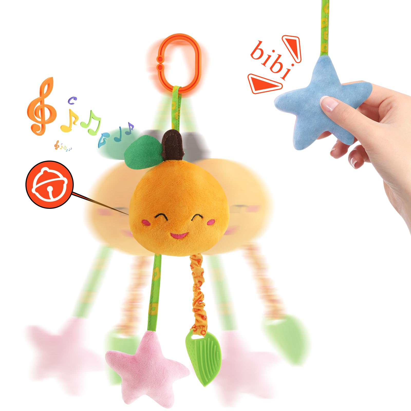 KAKIBLIN Baby-Spielzeug zum Aufhängen, 4 Stück, für Autositz, Buggy, weiches Quietschspielzeug für Babys, Neugeborene, Auto, Bett, Krippe, Reisen, Aktivität, Früchte-A