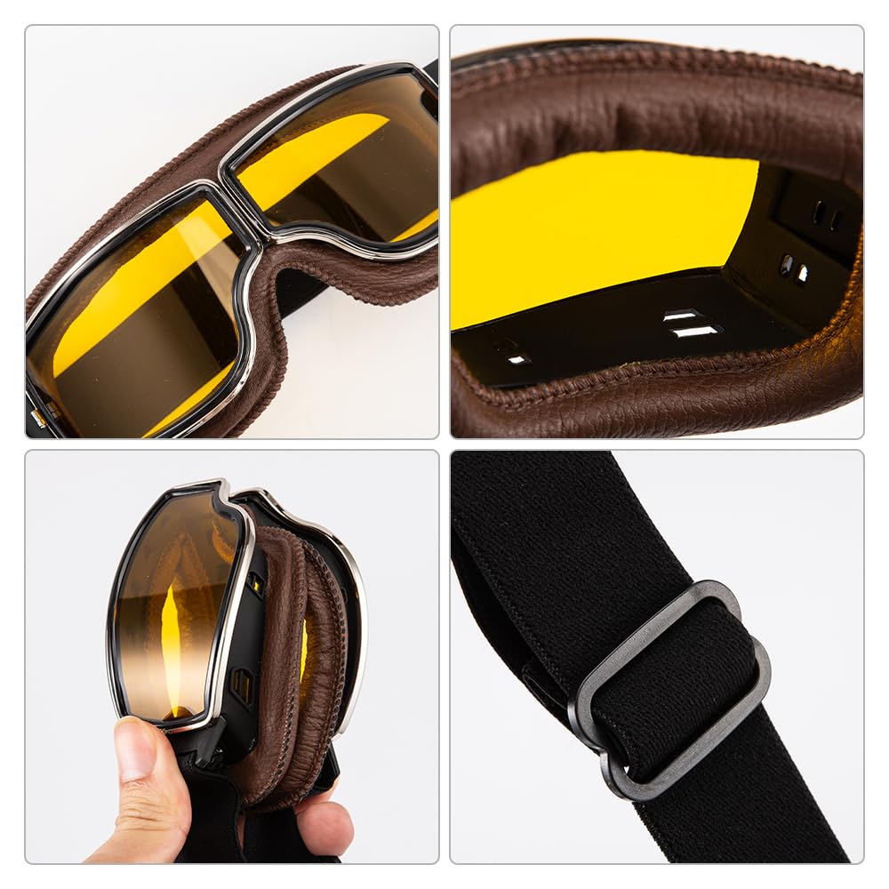 Lunettes de moto vintage aviateur rétro Cuir PU Lunettes pliables et coupe-vent pour hommes et femmes