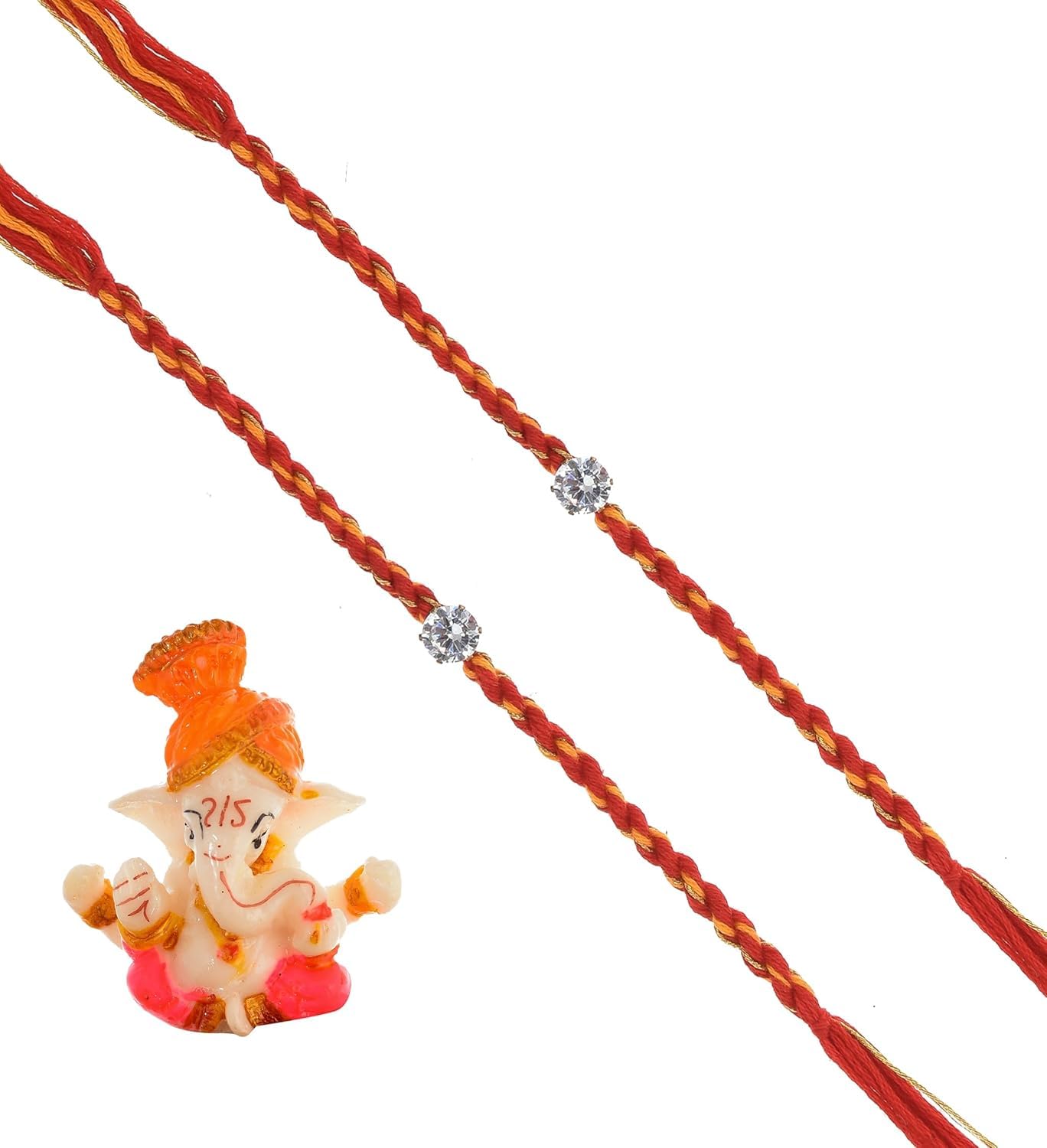 Simple Elegant Stone Studded Moli Rakhi with Ganesha Idol for Brother 2 Pcs, Traditional Red Mauli Thread Bhaiya Rakhi Combo with Roli Chawal, Gift Set #R-64-image-5