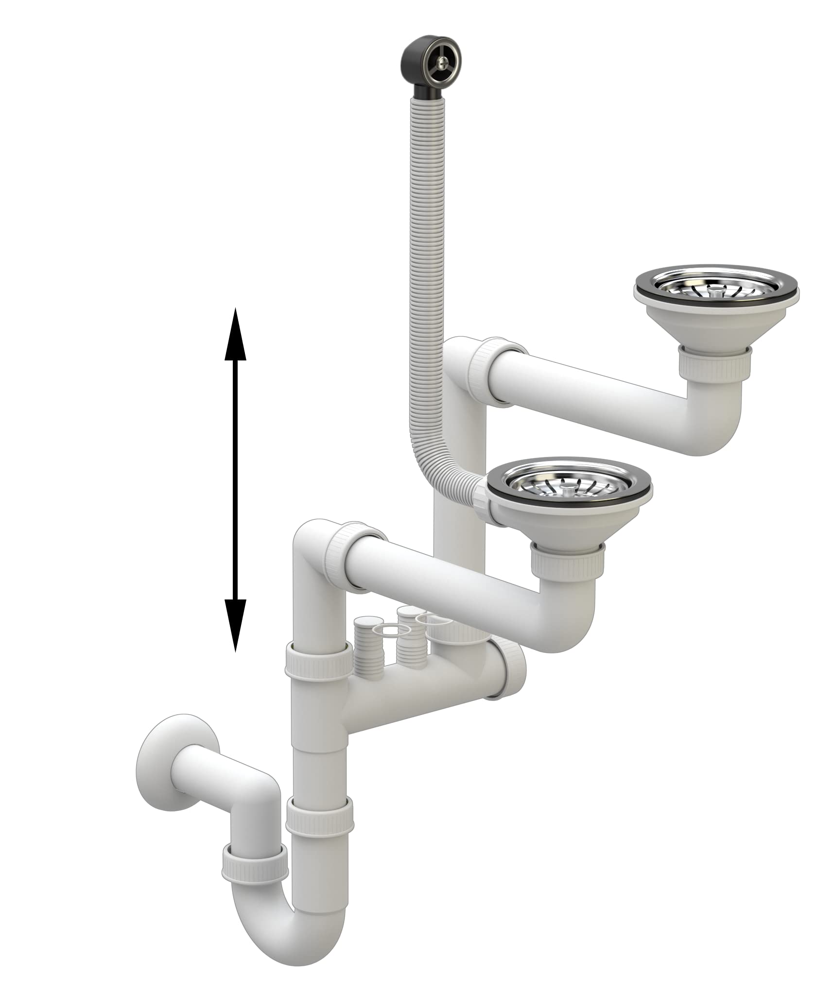 Scarico Lavandino Cucina - Sifone Lavandino - Sifone Lavello Cucina con Attacco per Lavastoviglie - Scarichi 115 mm (3 1/2) - Scarico per 2 vasche - Bianco/Cromo - Classico - Granitan | Set con attacco per lavastoviglie, ø 115 mm, scarico per 2 vasche, cr