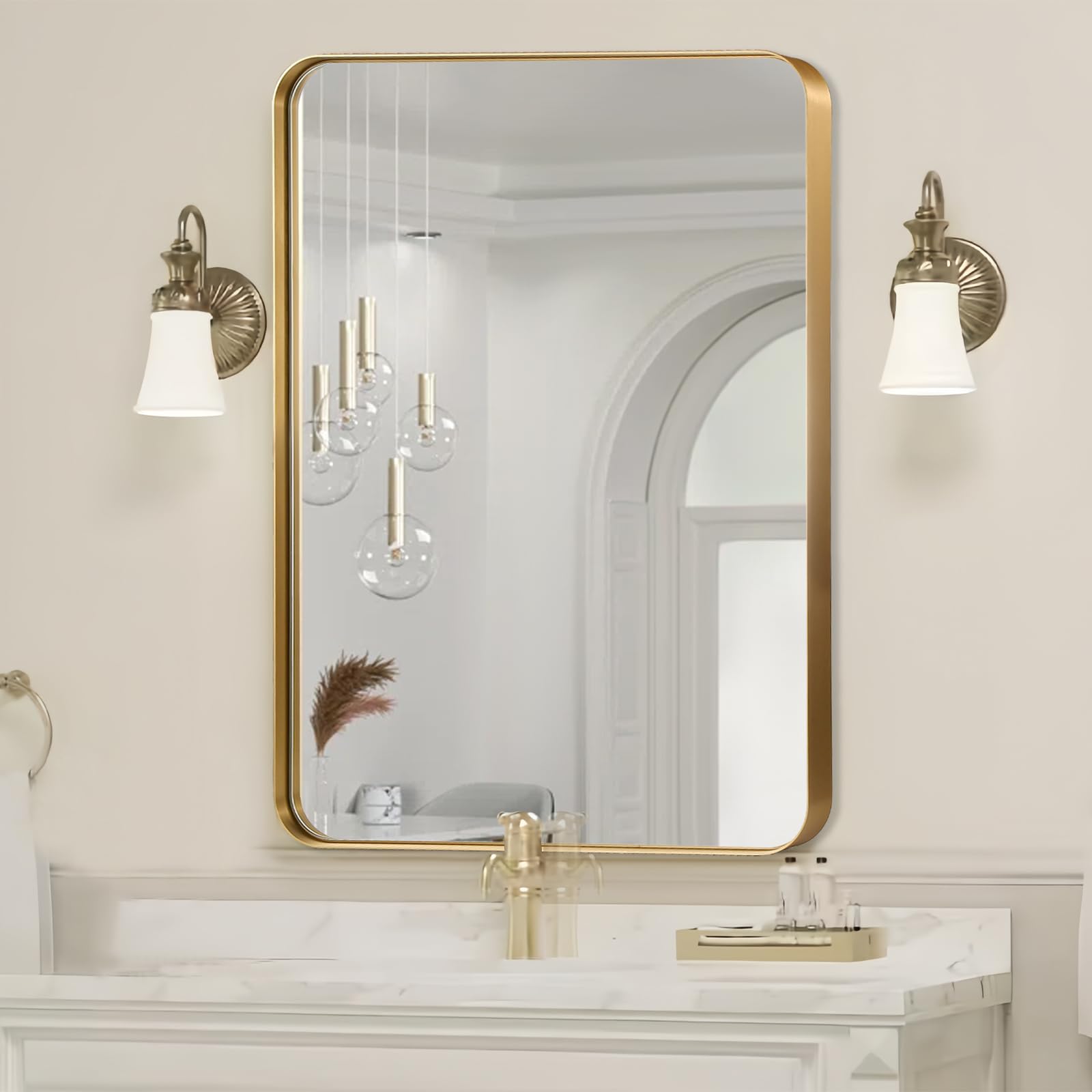 JENBELY Gold Bathroom Mirror, Brushed Metal Rectangular