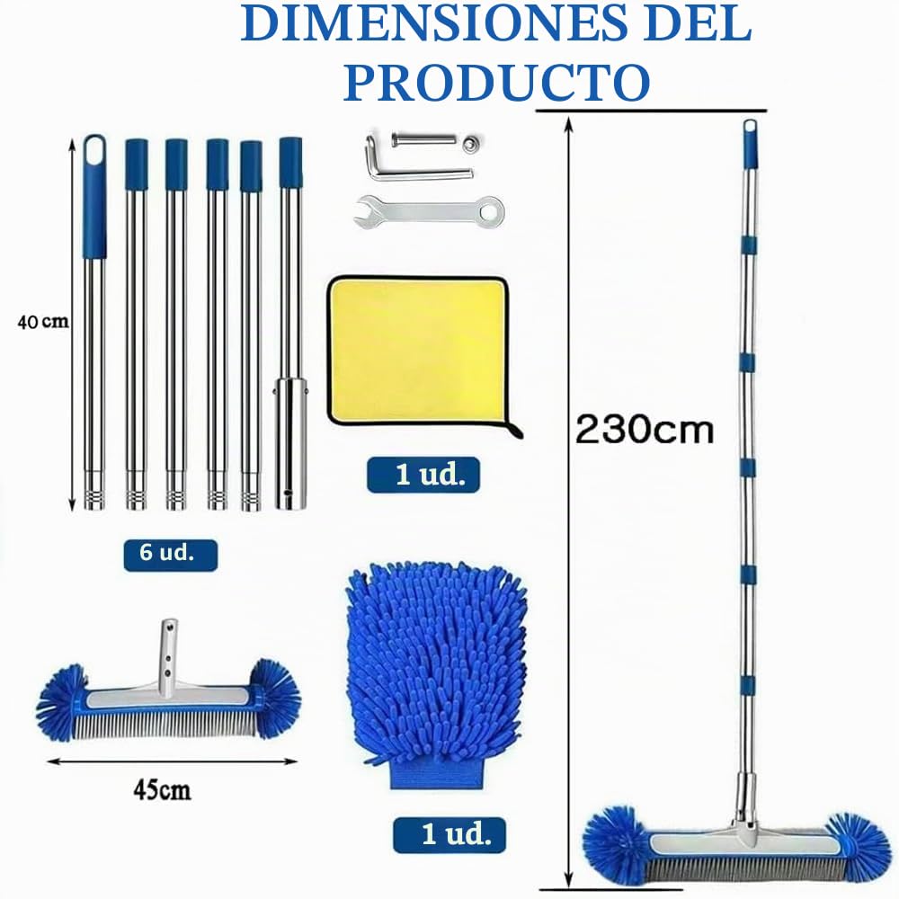 Cepillo de Piscina con Barra Telescópica de 230 cm de Largo,Cepillos de Limpieza de Piscina con Extremos Redondos de 45 cm,Escoba de Piscina con Barra de Acero Inoxidable Ajustable,para Limpieza de