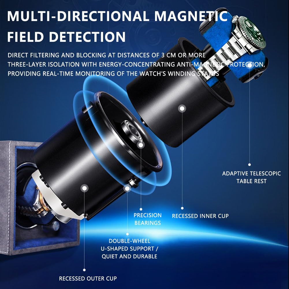 Carica Orologi Automatici, Scatola del Tempo Ultra Silenzioso 10dB Blue | Selettore Rotante Pelle Scamosciata Resistente Ai Graffi Luce Led