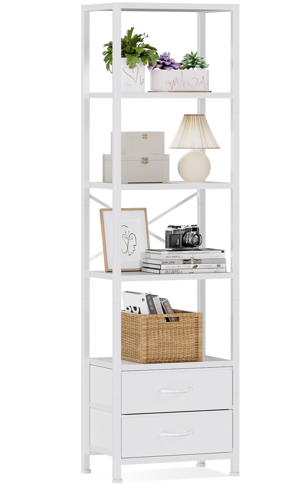 Furnulem 5-Tier Corner Shelf, Narrow Bookshelf with 2 Storage Drawers, Tall Bookcase, Standing Shelf Organizer Unit for Living Room, Bedroom, Metal Frame, Wood Display Shelf(White)