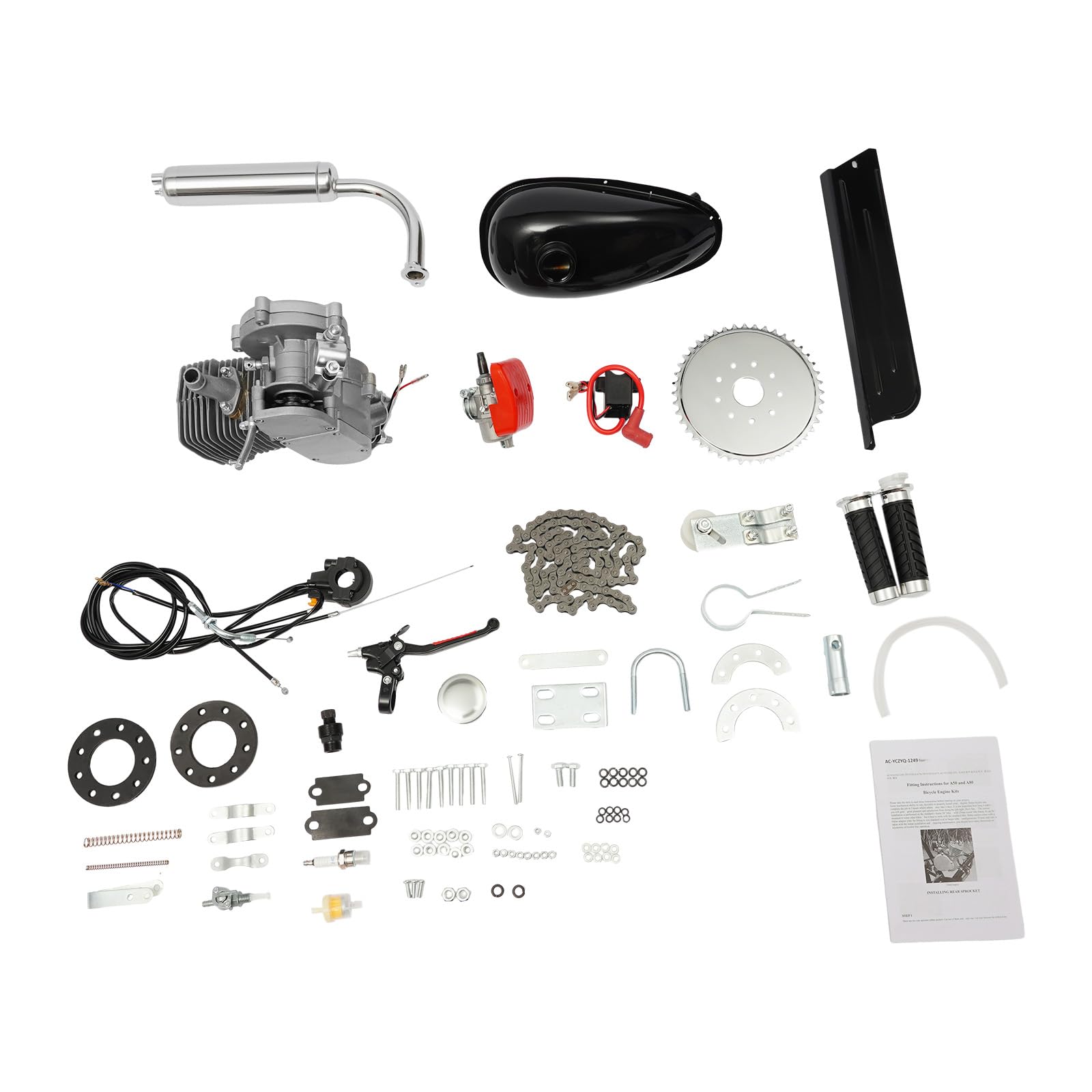 100cc 44 Zähne 2-Takt Fahrrad Motor Kit, Benzinmotor mit Vregaser CDI Umrüstkit 2L Tank für 26-28 Zoll Mountainbikes