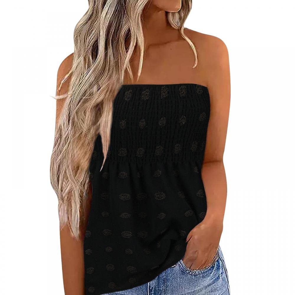Tmore Pleated Tube Top for Women Strapless Sleeveless Blouse Tunic Summer Casual Tanks Tops