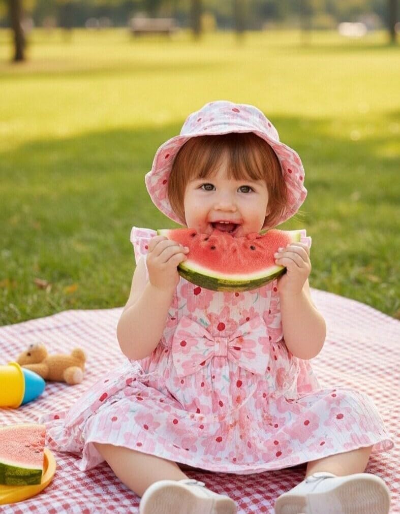 Renotemy Infant Baby Girl Dresses Toddler Girl Clothes Summer Cotton Linen Boho Smocked Sundress Gift for Girls with Hat image 2