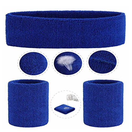 image for ONUPGO Blue Sweatband Set Sports Headband Wrist Striped Sweatbands Ter
