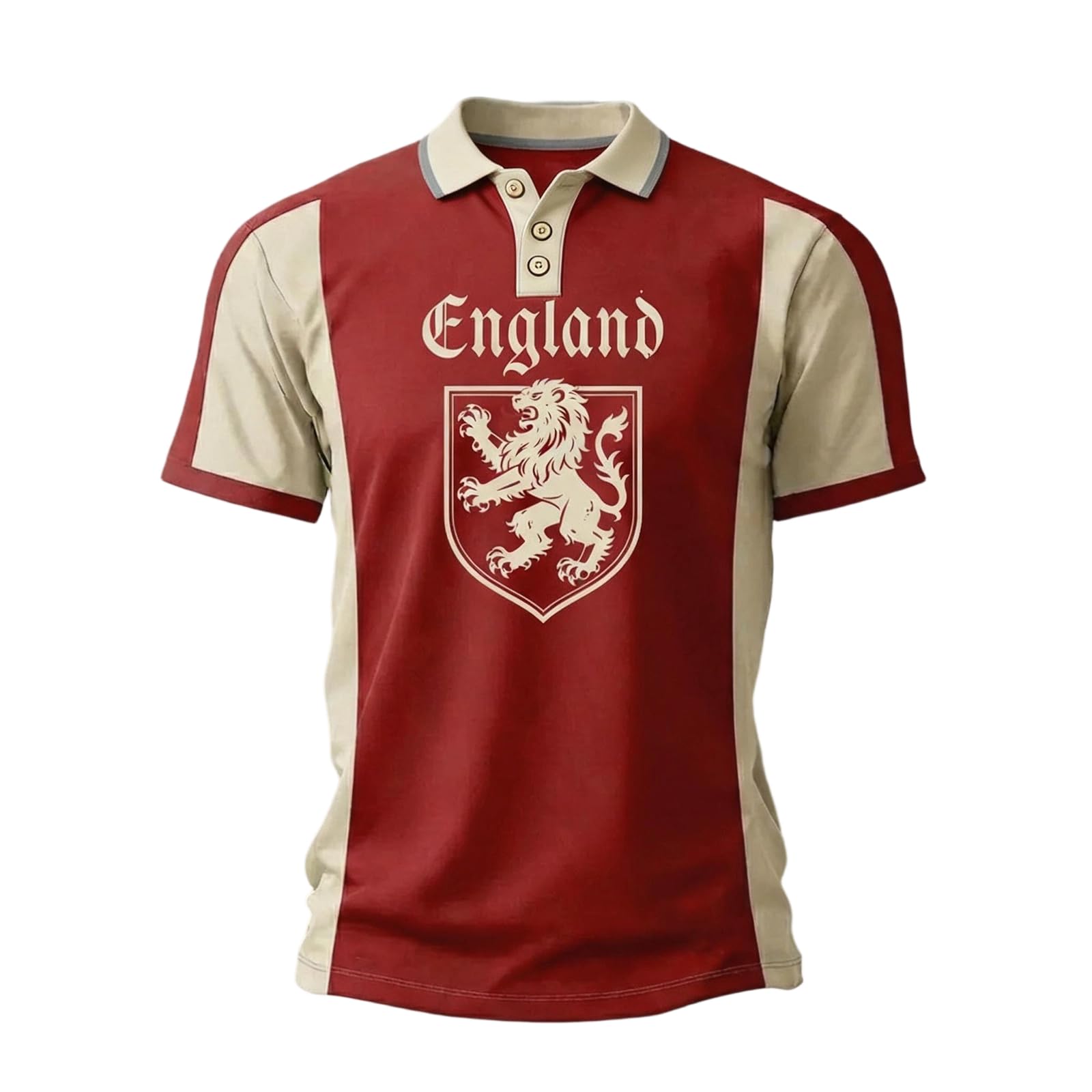 Men’s England Football Shirt 2026 with Lion Print Collared Short Sleeve Polo Shirt for Supporters of Football Casual National Flag Print Button Down Collar Top Outdoor Sports Shirts 2#Vermilion 3XL — image 1
