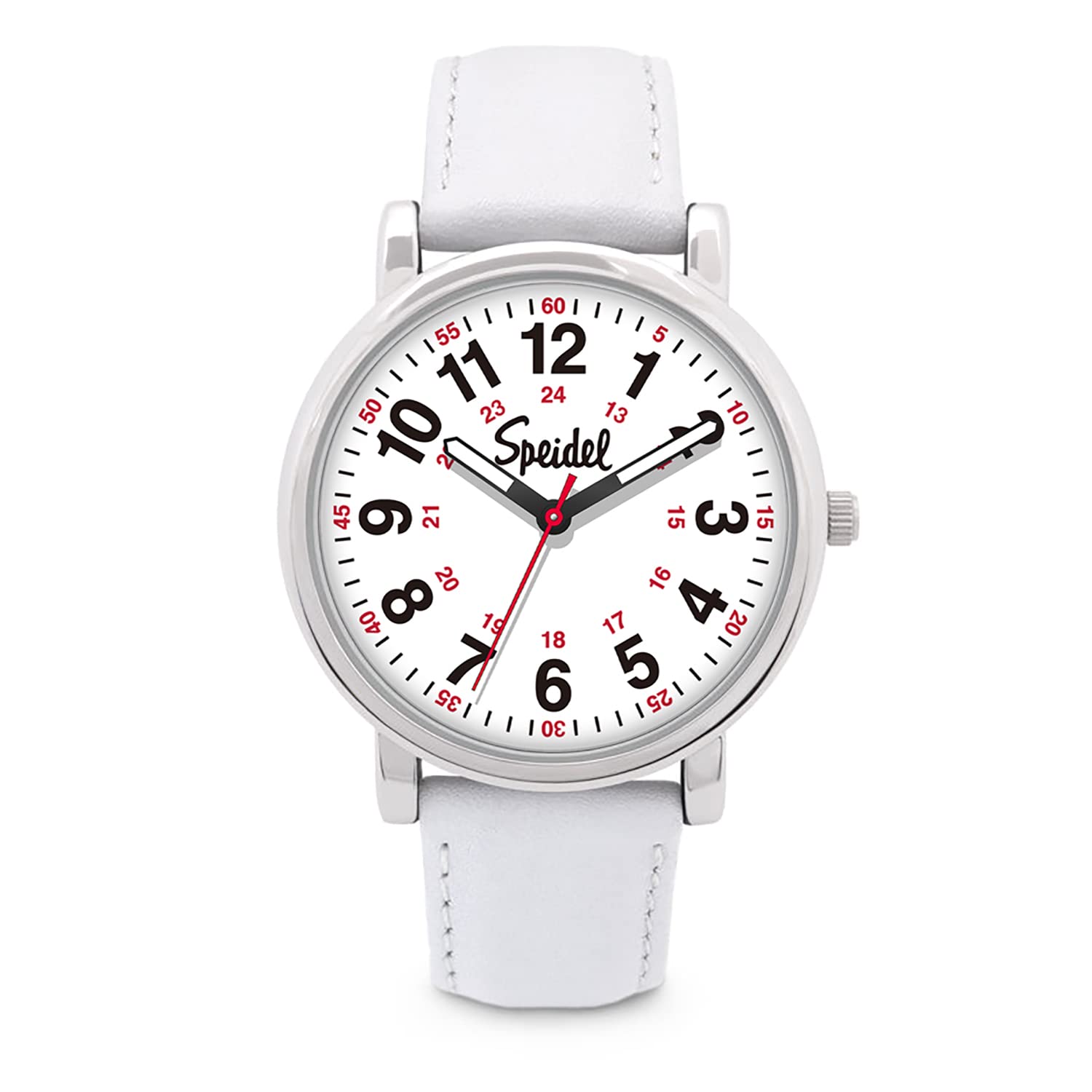 Speidel Scrub Watch for Medical Professionals with White Genuine Leather Band - Easy to Read Timepiece with Red Second Hand, Military Time for Nurses, Doctors, Surgeons, EMT Workers Students and More