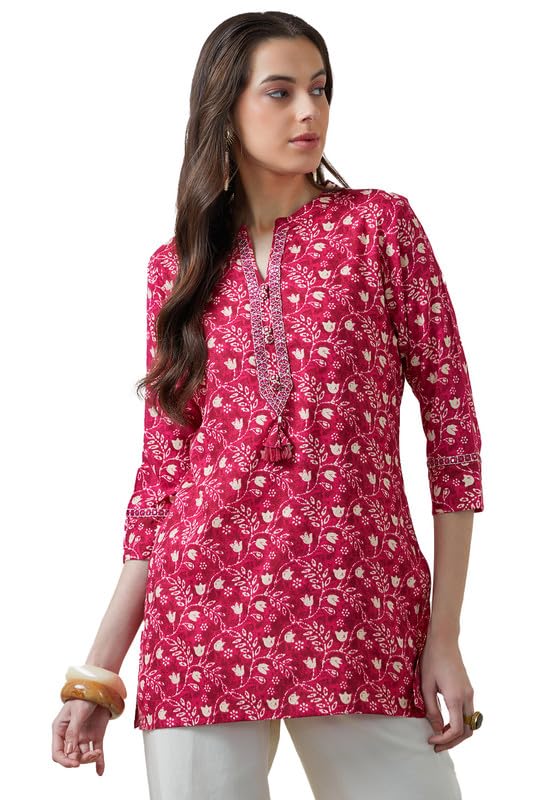 Global Desi Womens Fuchsia Rayon Botanical Print Tunic with Mirror Work in neutral