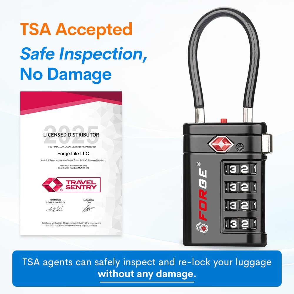 Forge Cerraduras de equipaje aprobadas por la TSA, combinación de 4 dígitos con TSA008, indicador de alerta abierta, cuerpo de aleación de zinc para equipaje, maleta, mochila y más. Negro 6 cerraduras