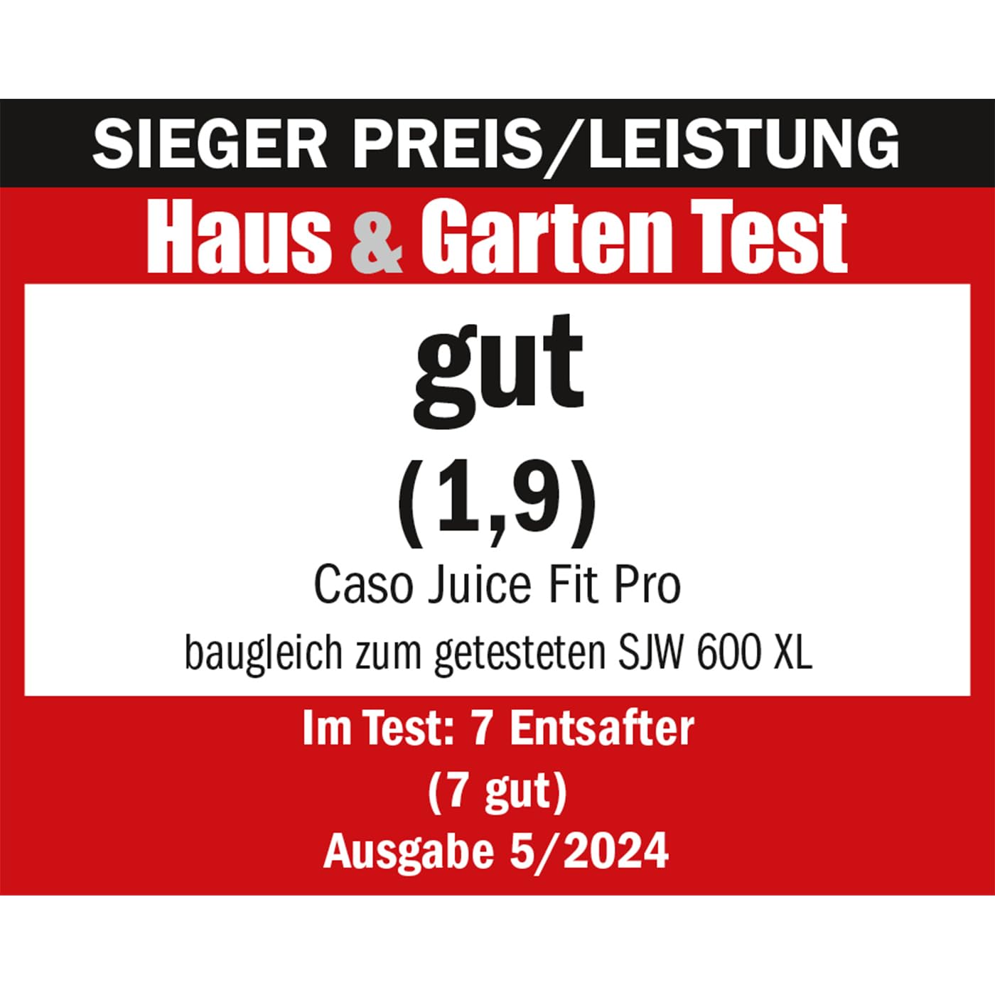 CASO Juice Fit Pro Slow Juicer, zwycięzca testu: test domu i ogrodu, niska liczba obrotów (40 obr./min), duży otwór do napełniania o średnicy 130 mm do całych owoców, czarny
