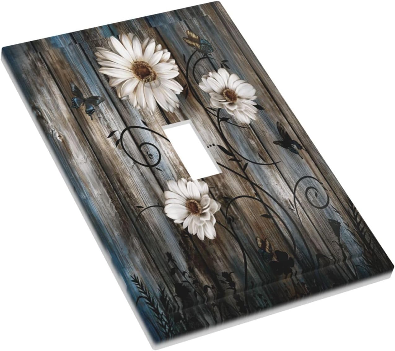 Rustic Wood Background Floral Butterfly Daisy Decorative Light Switch Cover 1 Gang Single Toggle Device Electrical Faceplate Switchplates Decorator Outlet Wall Plate for Farmhouse Bedroom Decor