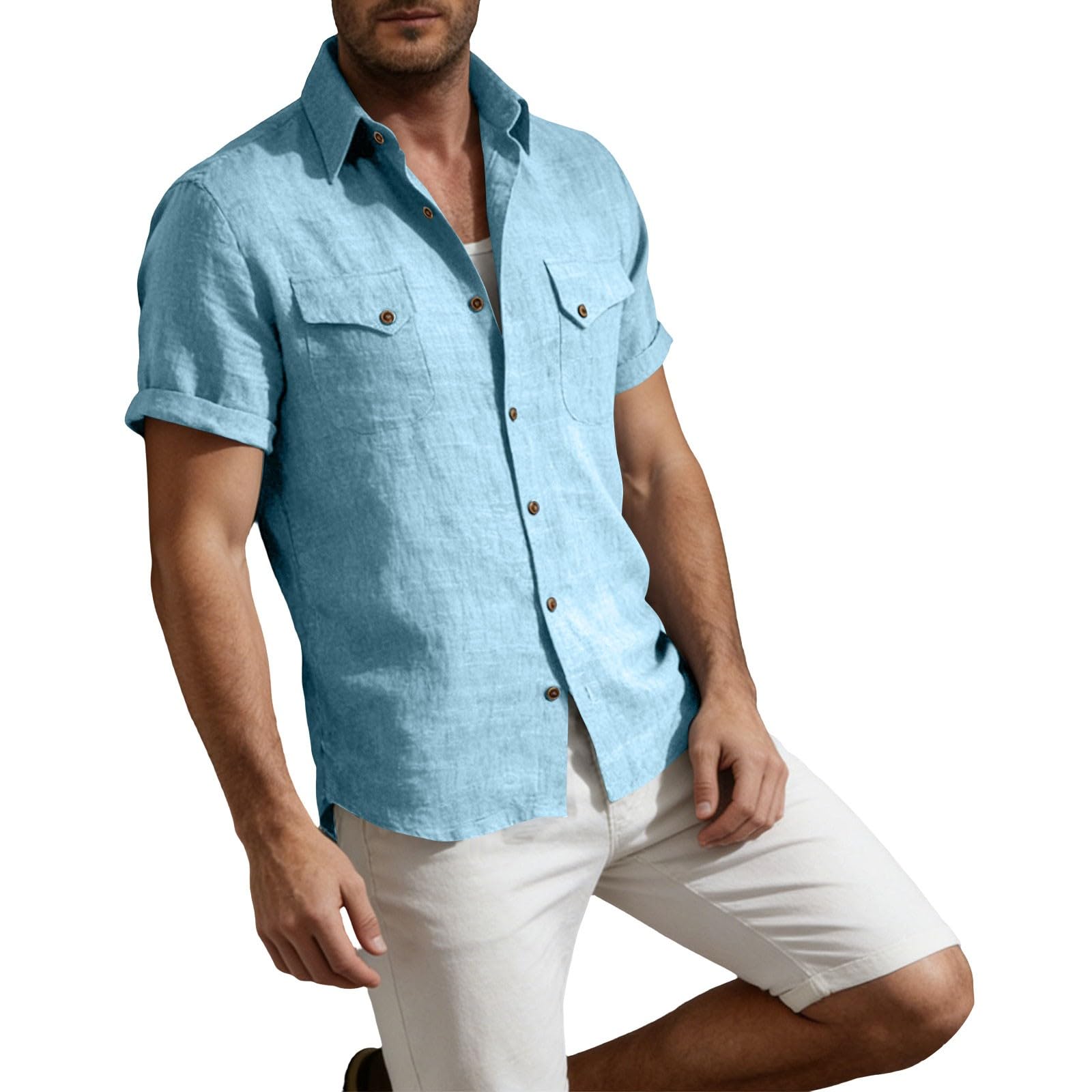 Generico Camicia Uomo in Cotone e Lino Maniche Corte Estiva Regular Fit la Spiaggia Camicie con Collo Button-Down Le Vacanze e Il Lavoro Camicia Hawaiana Uomo 3XL Cotone