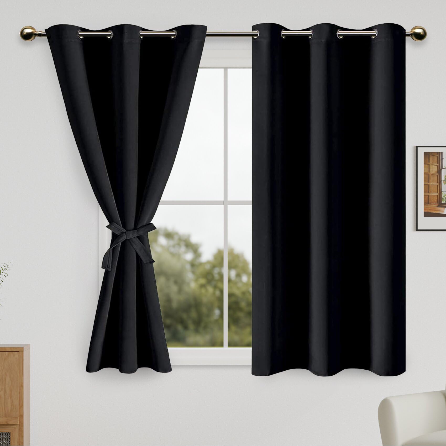 DWCN Black Blackout Curtains for Bedroom with Tiebacks - Thermal Insulated Light Blocking Grommet Window Curtains for Living Room, 38 x 45 inch Length, Set of 2 Panels — image 1