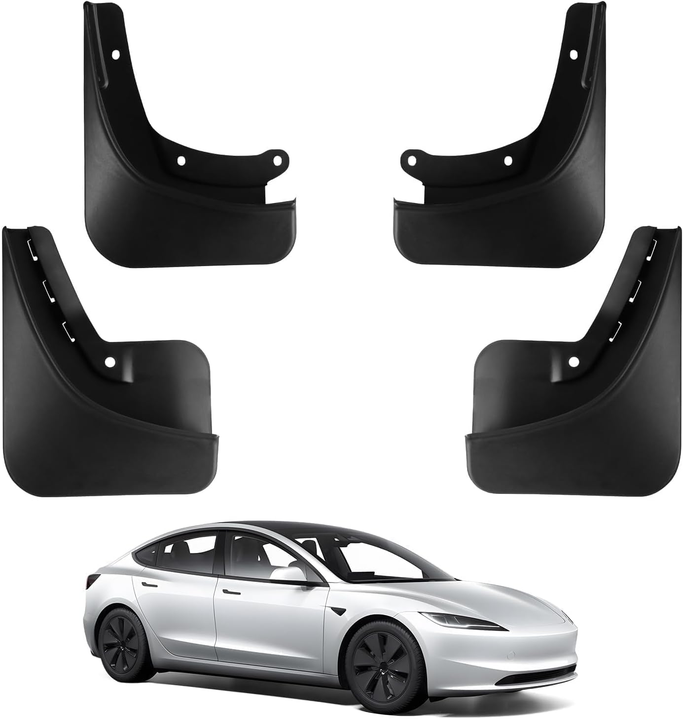 BASENOR 2024 2025 2026 Tesla Model 3 Highland Mud Flaps Splash Guards Fenders (Set of 4), No Drilling No Tape Mudflaps (Proprietary Design) All Weather Protector Mudguards for Model 3