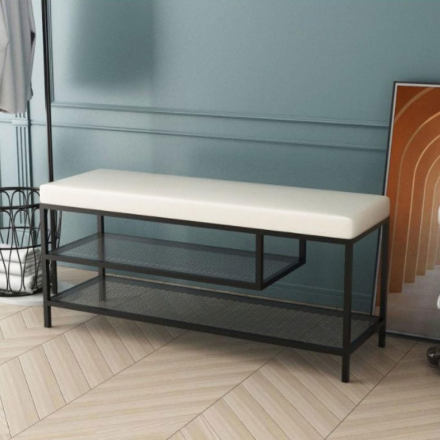 Banc de rangement pour couloir en cuir meuble à chaussures 2 niveaux