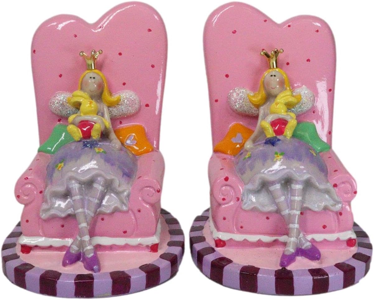 Ebros Gift Whimsical Fairy Queen with Bunny and Magic Wand Sitting On Giant Sofa Bookends Decorative 2 Piece Set Figurines Accent (Pink)