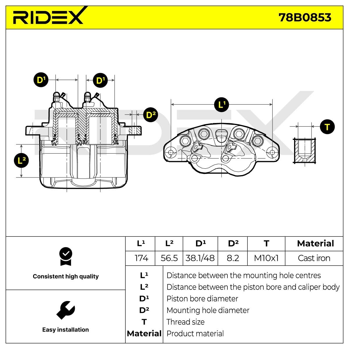 RIDEX 78B0853 Pinza freno Anteriore Sinistra Anteriore Compatibilità con PEUGEOT J5 Pianale piatto/Telaio 290L