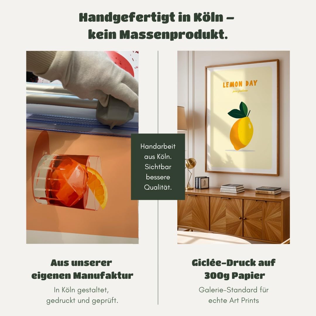 MJ-GRAPHICS® Poster Zitrone Kunstdruck minimalistisch Wandbild Gelb Wanddeko Küche Wohnzimmer bilderfrisch lebendig spritzig Akzente Deko frech fröhlich Ambiente 50x70 mit beigem Rahmen
