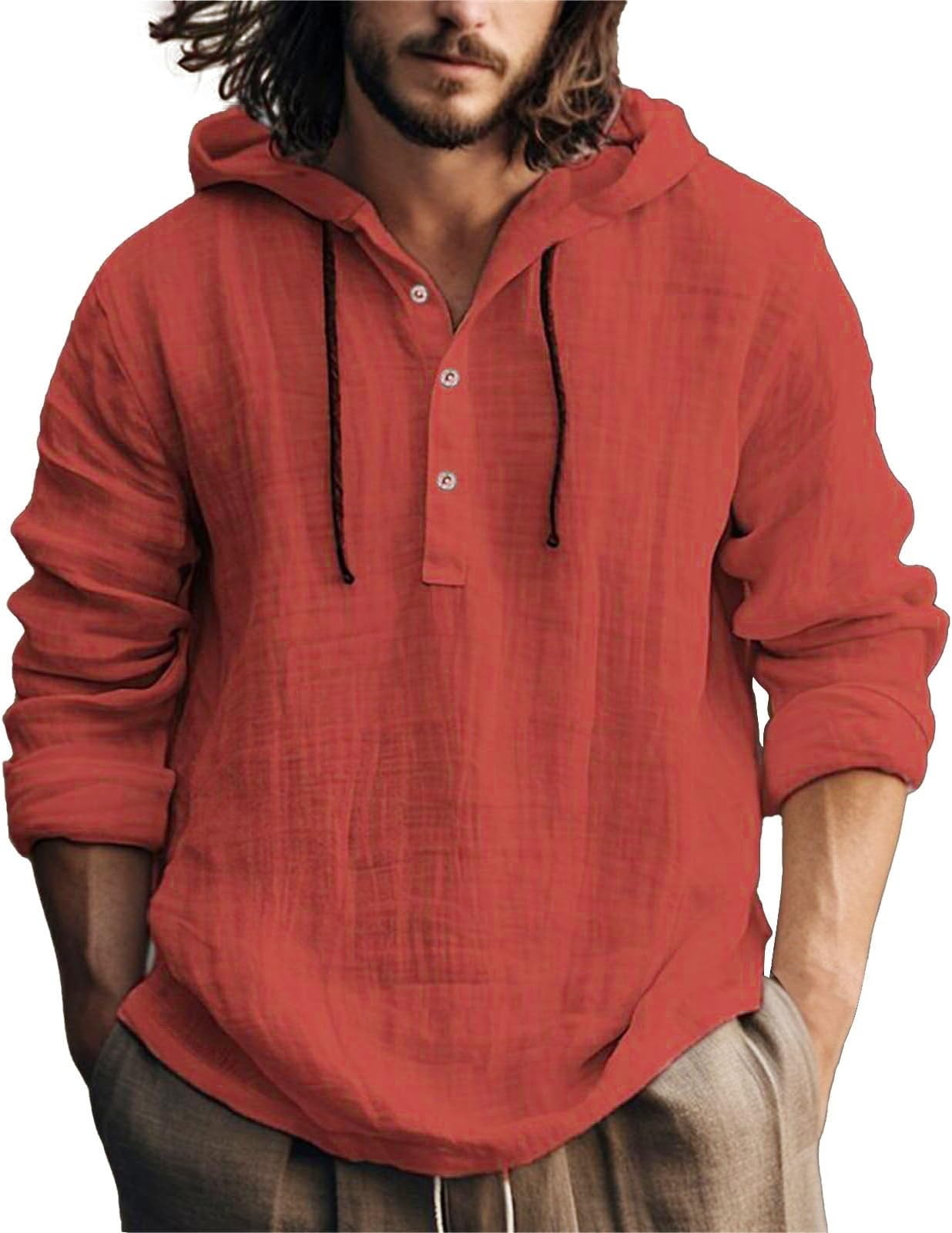 Cotton Linen Hoodies for Mens, Hippie Shirts with Hood, V Neck Button Up Hooded Long Sleeve Hawaiian Beach Shirts Personality Long Sleeve Linen Hooded Shirt