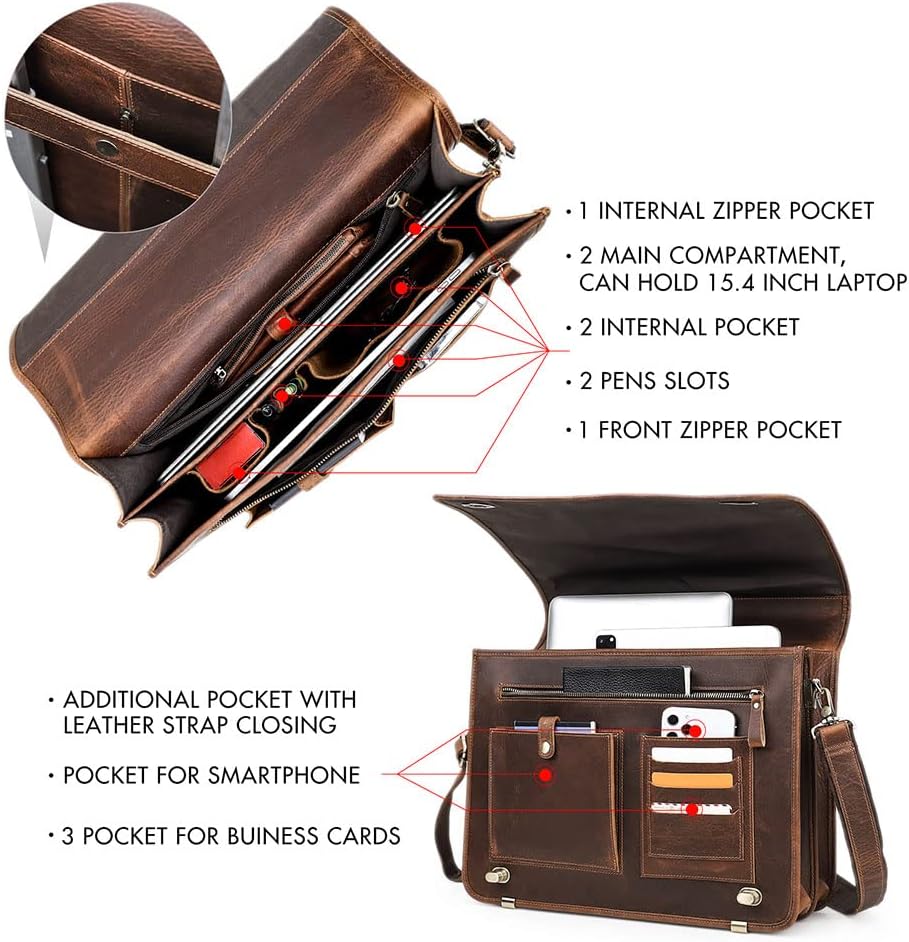 CONTACTS Messenger Bag for Men Large 15.4 Inch Briefcase Crazy Horse Leather Laptop Bag Vintage Crossbody Shoulder Handbag for Work Travel - Image 5
