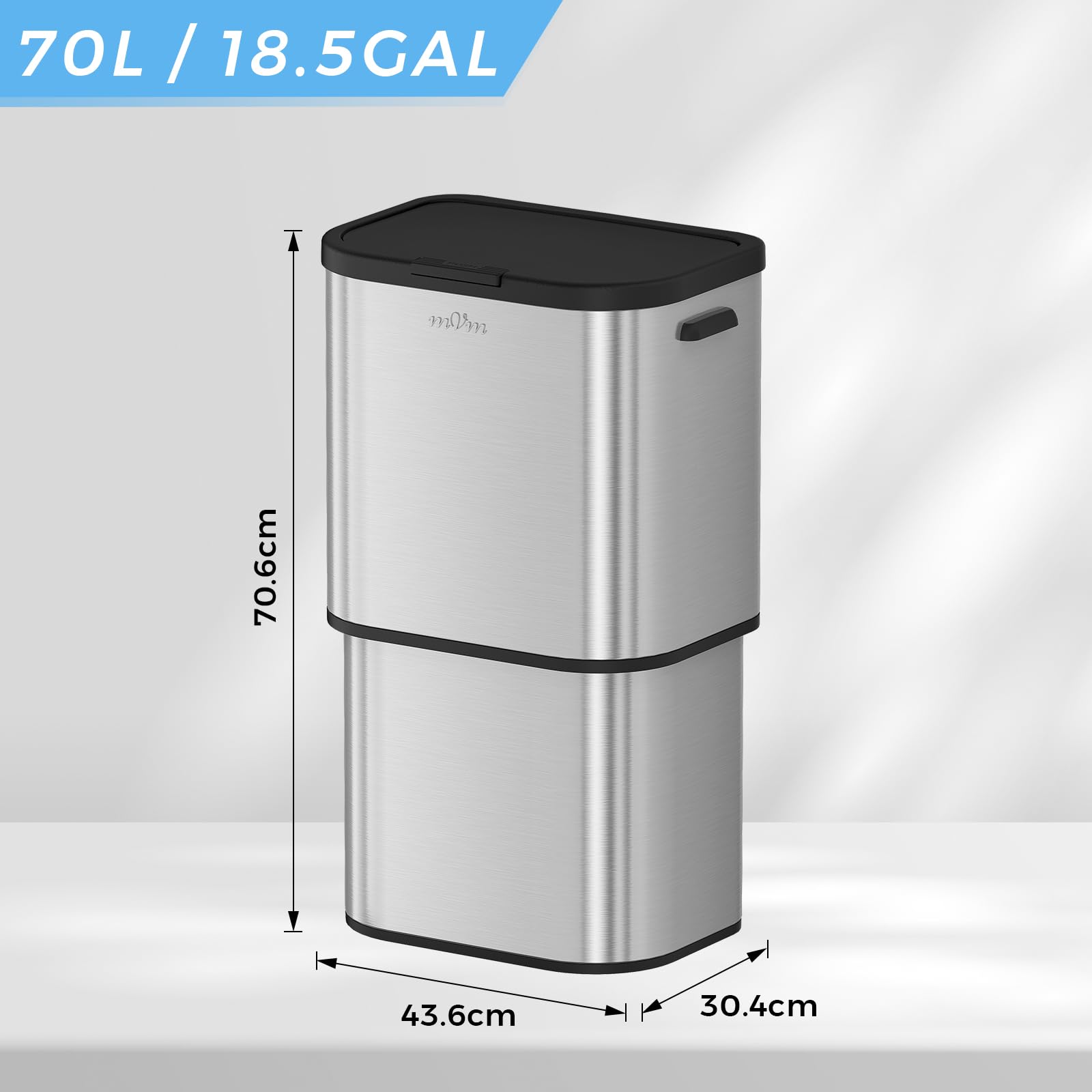 mVm Pattumiera Grande in Acciaio 70L, Cestino Grande Capacità con Chiusura Ammortizzata, Design Semplice Senza Secchio Interno, Bidone Multiuso per Ufficio, Balcone, Casa