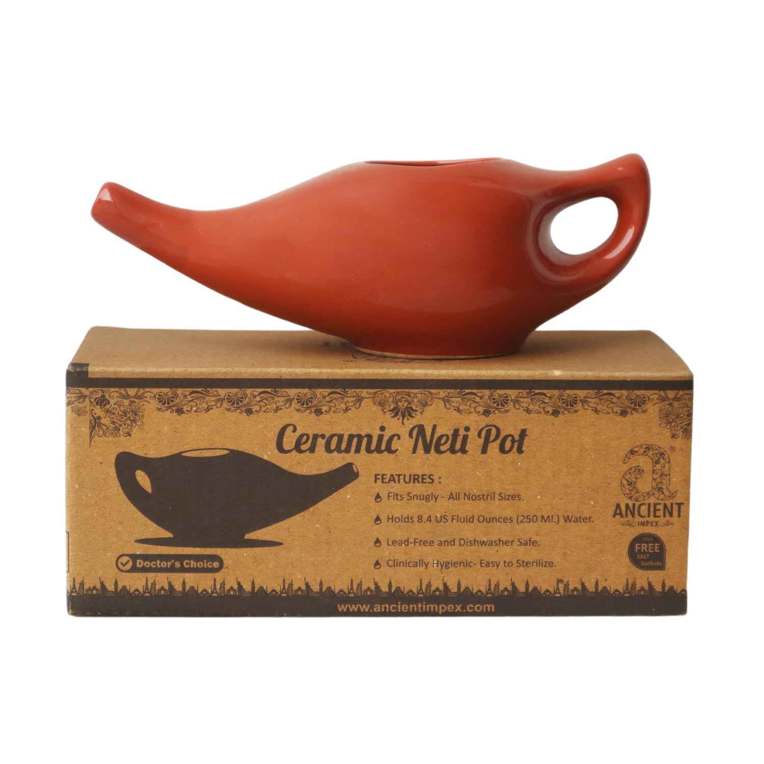 Ancient IMPEX Ceramic Neti Pot 250 ml (Brown) with 5 Neti Salt Sachets | Nasal Rinse Pot for Sinus Flush, Congestion, Allergy & Natural Nasal Cleansing