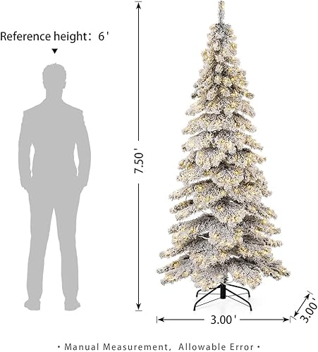 Miniatura 2 de Glitzhome Árbol de Navidad artificial de abeto flocado preiluminado de 7.5 pies, árbol de abeto de nevada elegante de Navidad grande con 350 luces