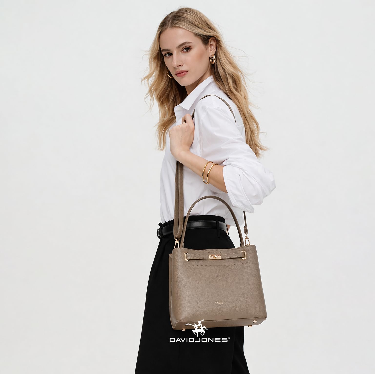 David Jones - Sac à Main Seau Porté Epaule - Sac à Main Bandoulière Taille Moyenne - 3 Compartiments Plusieurs Poches - Elégant Classique Chic Ville Tendance Designer Bucket Bag