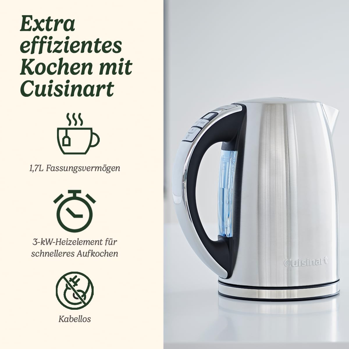 Cuisinart Multi-Temp Wasserkocher | Schnelles Aufkochen, 3KW | Kabellos | Edelstahl-Finish | 1,7L Fassungsvermögen | Einstellbare Temperatur |Abnehmbarer, waschbarer Anti-Kalk-Filter | Silber