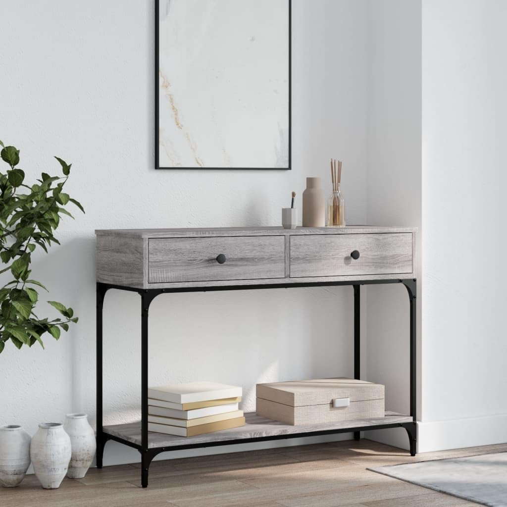 SXZenSpace Owox Console Table 100x34.5x75 cm Grey Sonoma, Engineered Wood & Metal, Sofa Side with Drawers Shelf, Living Room Bedroom Hallway
