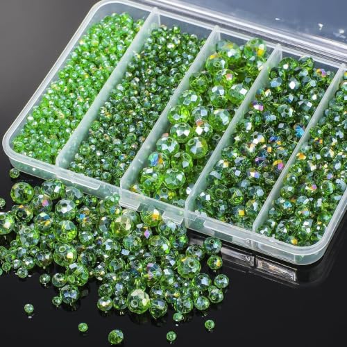 Song Xi 1250PCS 5 Different Size Green Crystal Beads for Jewelry Making Rondelle Glass Beads for Bracelets Necklace Earring and Making Supplies Arts and Crafts AB Color (3/4/6/8/10mm)